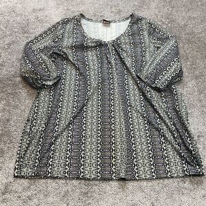 Only Necessities Blouse Shirt womens 1X Blue Gray Geometric Stretch Long Sleeve